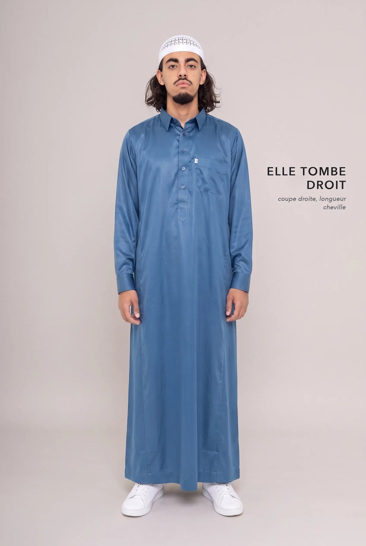 Coupe droite et longueur cheville du qamis qatari satiné bleu marine Khalid
