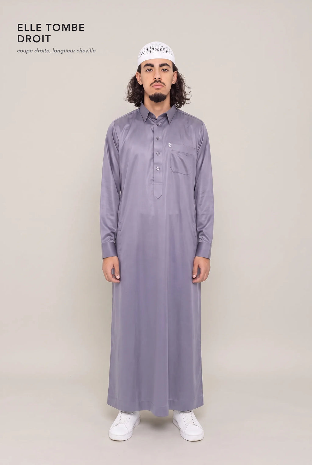 Coupe droite et longueur cheville du qamis qatari satiné gris Khalid