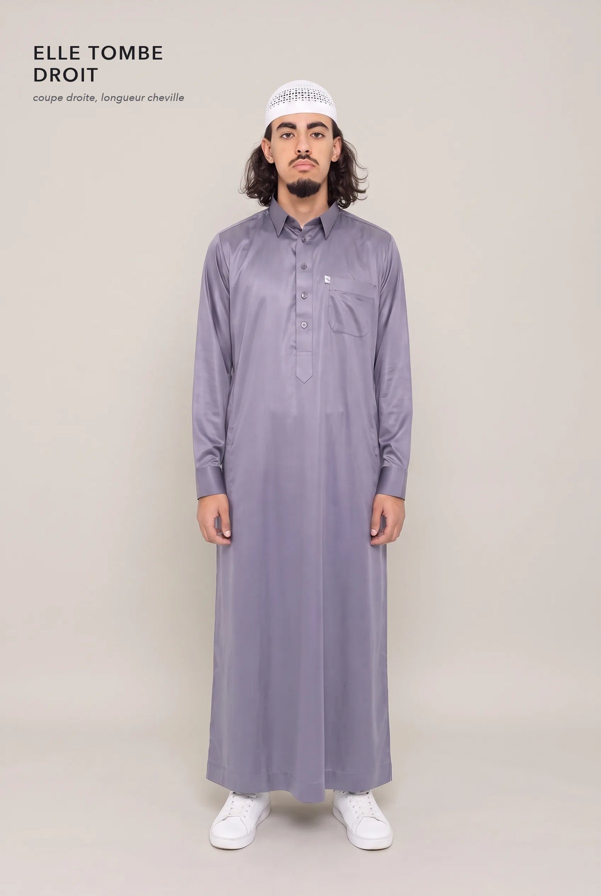 Coupe droite et longueur cheville du qamis qatari satiné gris Khalid
