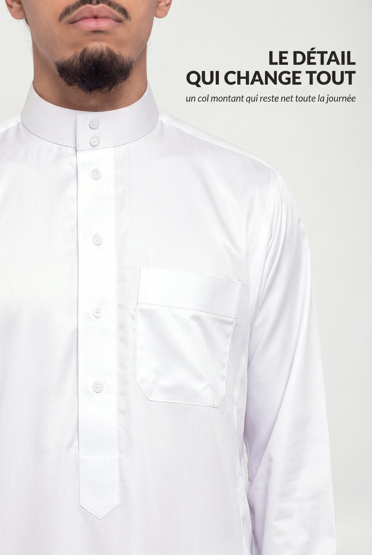 Détail du col mao montant du qamis saoudien satiné Omar blanc et de sa patte de boutonnage