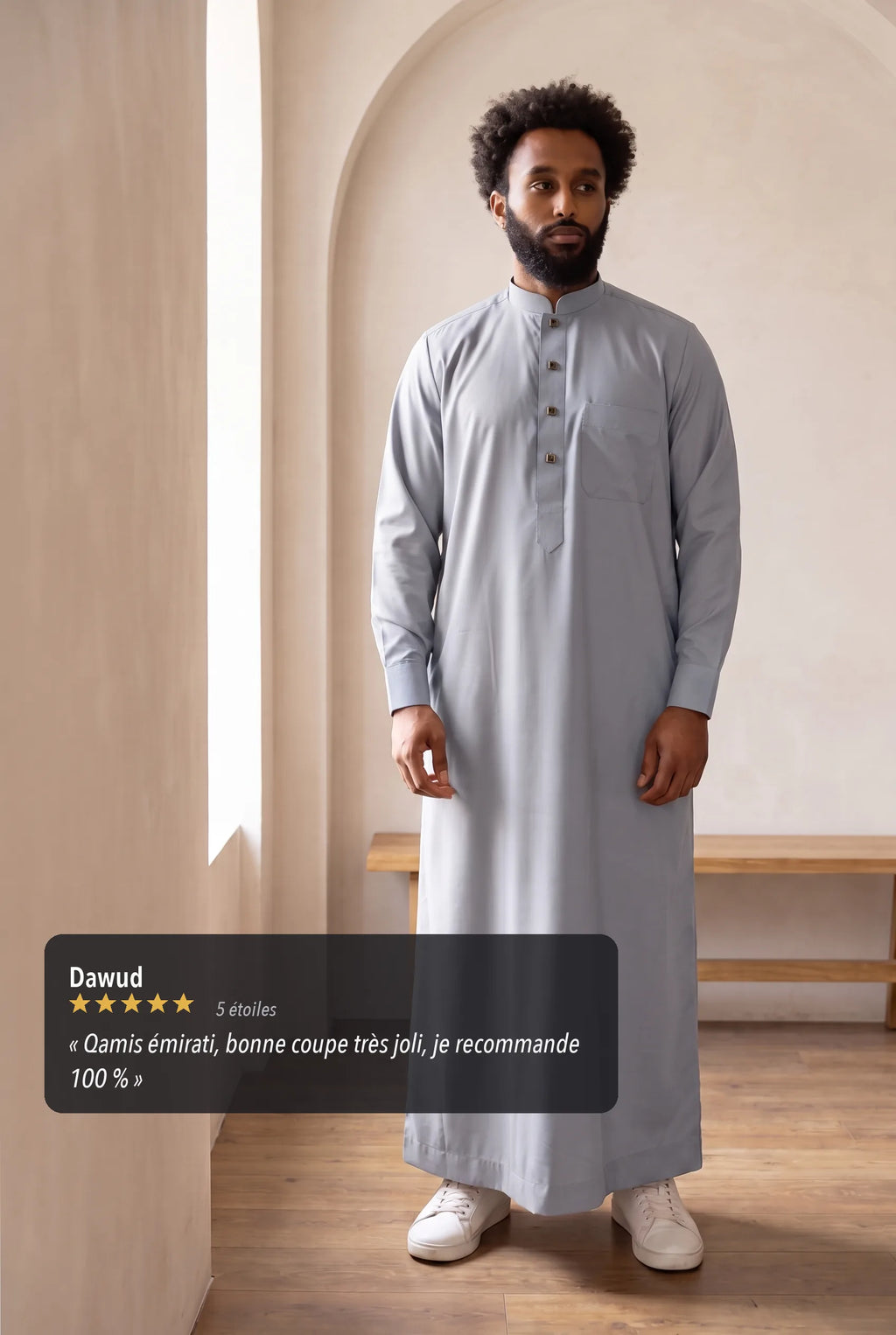 Qamis Saleh gris chiné porté en situation, avis client