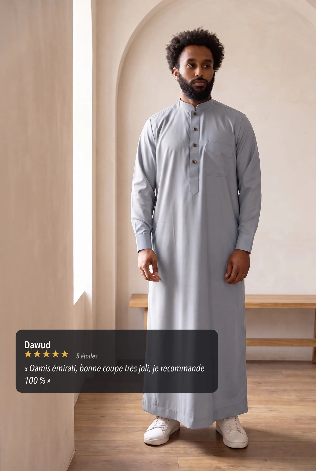 Qamis Saleh gris chiné porté en situation, avis client