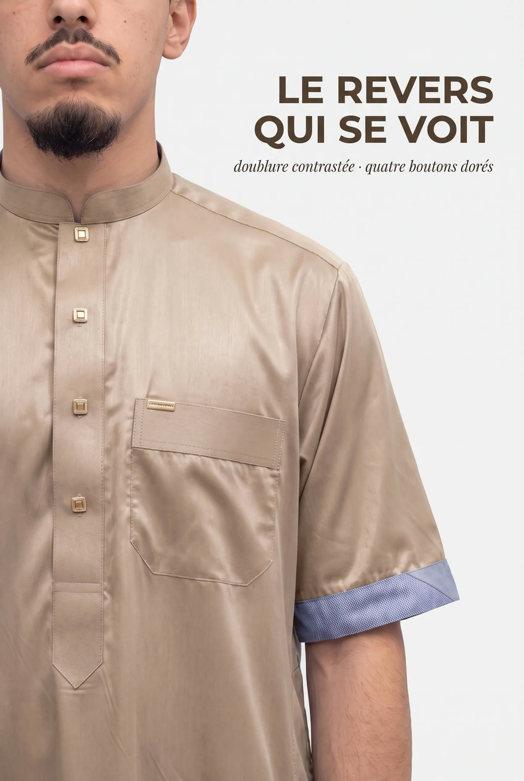 Revers de manche du qamis Musa beige, doublure contrastée et boutons dorés