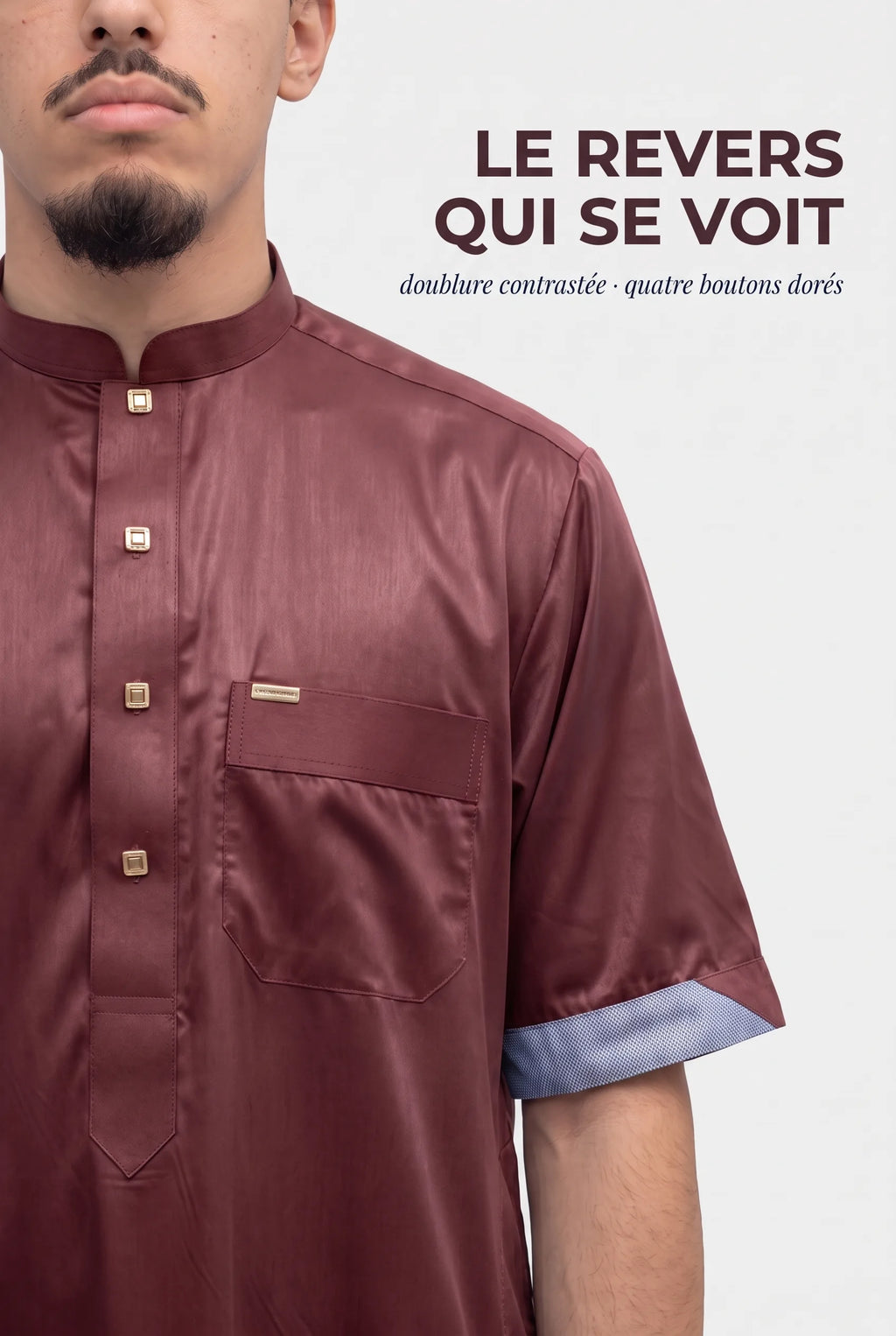 Revers de manche du qamis Musa bordeaux, doublure contrastée et boutons dorés