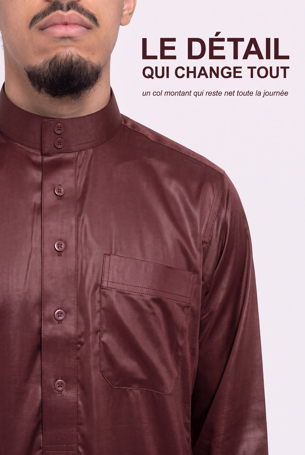 Détail du col mao montant du qamis saoudien Omar bordeaux et de sa patte de boutonnage