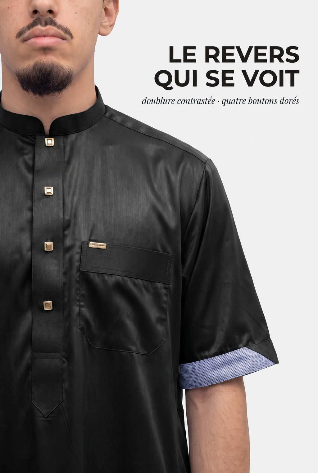 Revers de manche du qamis Musa noir, doublure contrastée et boutons dorés