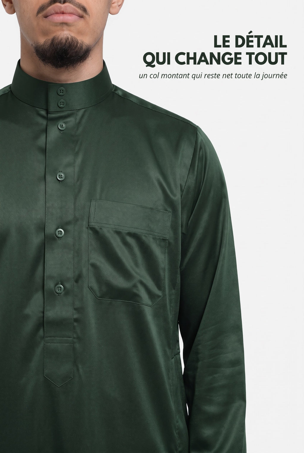 Détail du col mao montant du qamis saoudien satiné Omar vert et de sa patte de boutonnage