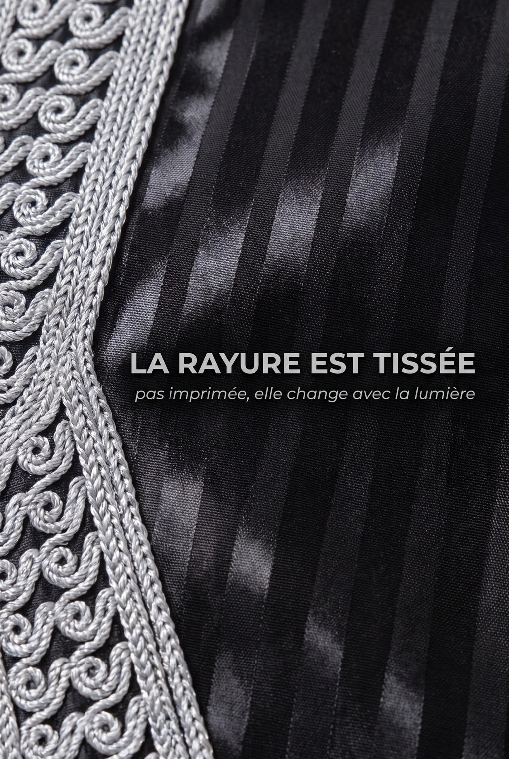 Satin noir à rayures tissées de la gandoura Jad et broderie argent en gros plan