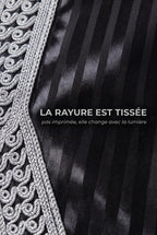 Satin noir à rayures tissées de la gandoura Jad et broderie argent en gros plan